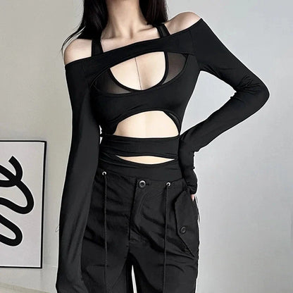 Cyber Punk Hollow Out Mall Gothic Bodycon Mesh Sheer Patchwork Crop Top