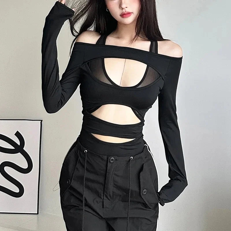 Cyber Punk Hollow Out Mall Gothic Bodycon Mesh Sheer Patchwork Crop Top