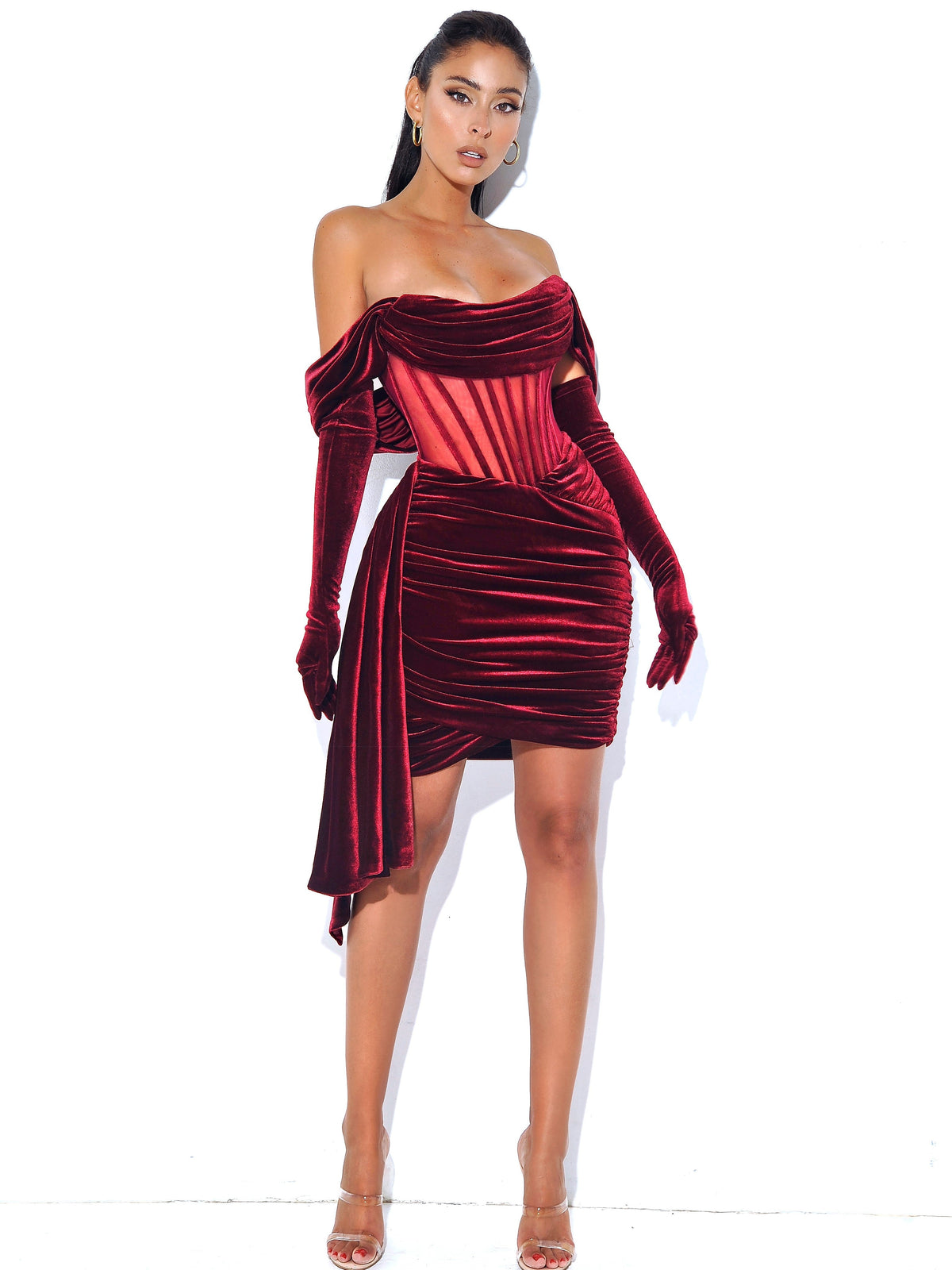 Irisa Burgundy Draping Charming Off Shoulder Corset Dress