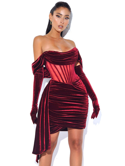 Irisa Burgundy Draping Charming Off Shoulder Corset Dress