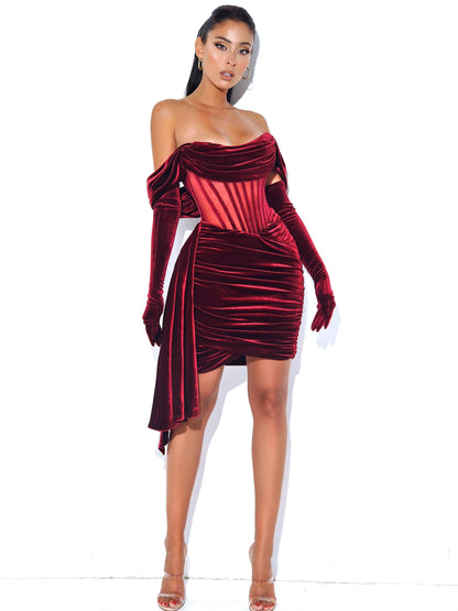 Irisa Burgundy Draping Charming Off Shoulder Corset Dress