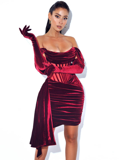 Irisa Burgundy Draping Charming Off Shoulder Corset Dress