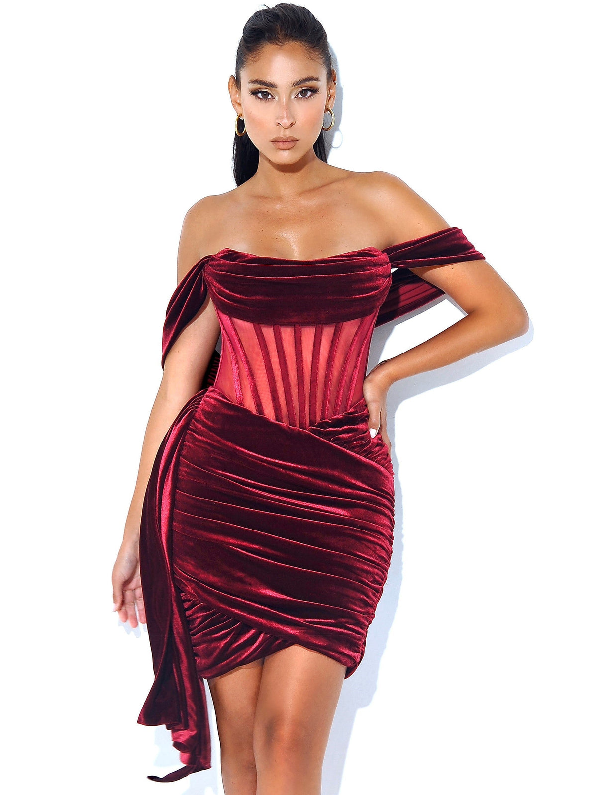 Irisa Burgundy Draping Charming Off Shoulder Corset Dress