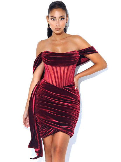 Irisa Burgundy Draping Charming Off Shoulder Corset Dress