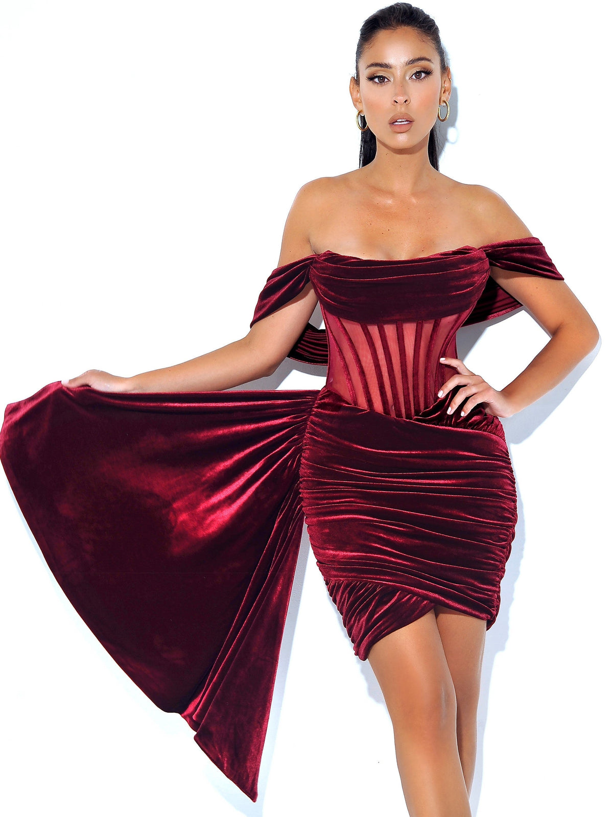 Irisa Burgundy Draping Charming Off Shoulder Corset Dress