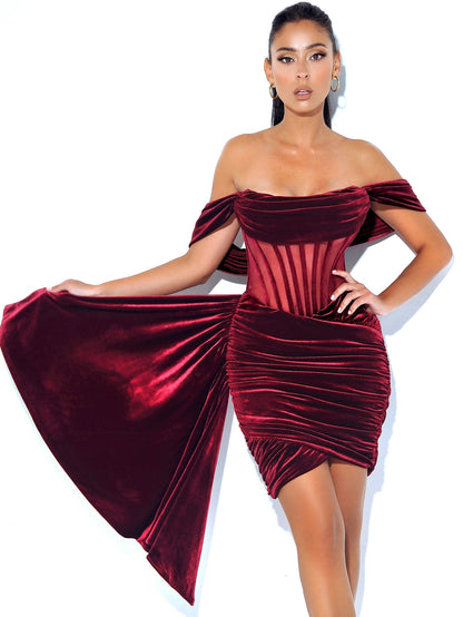 Irisa Burgundy Draping Charming Off Shoulder Corset Dress