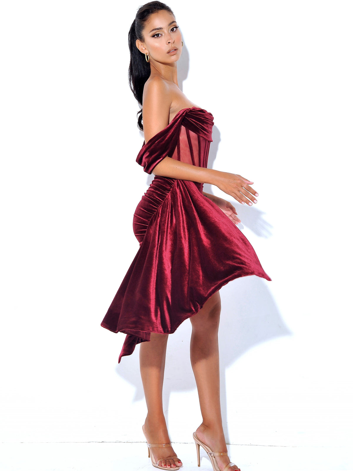 Irisa Burgundy Draping Charming Off Shoulder Corset Dress