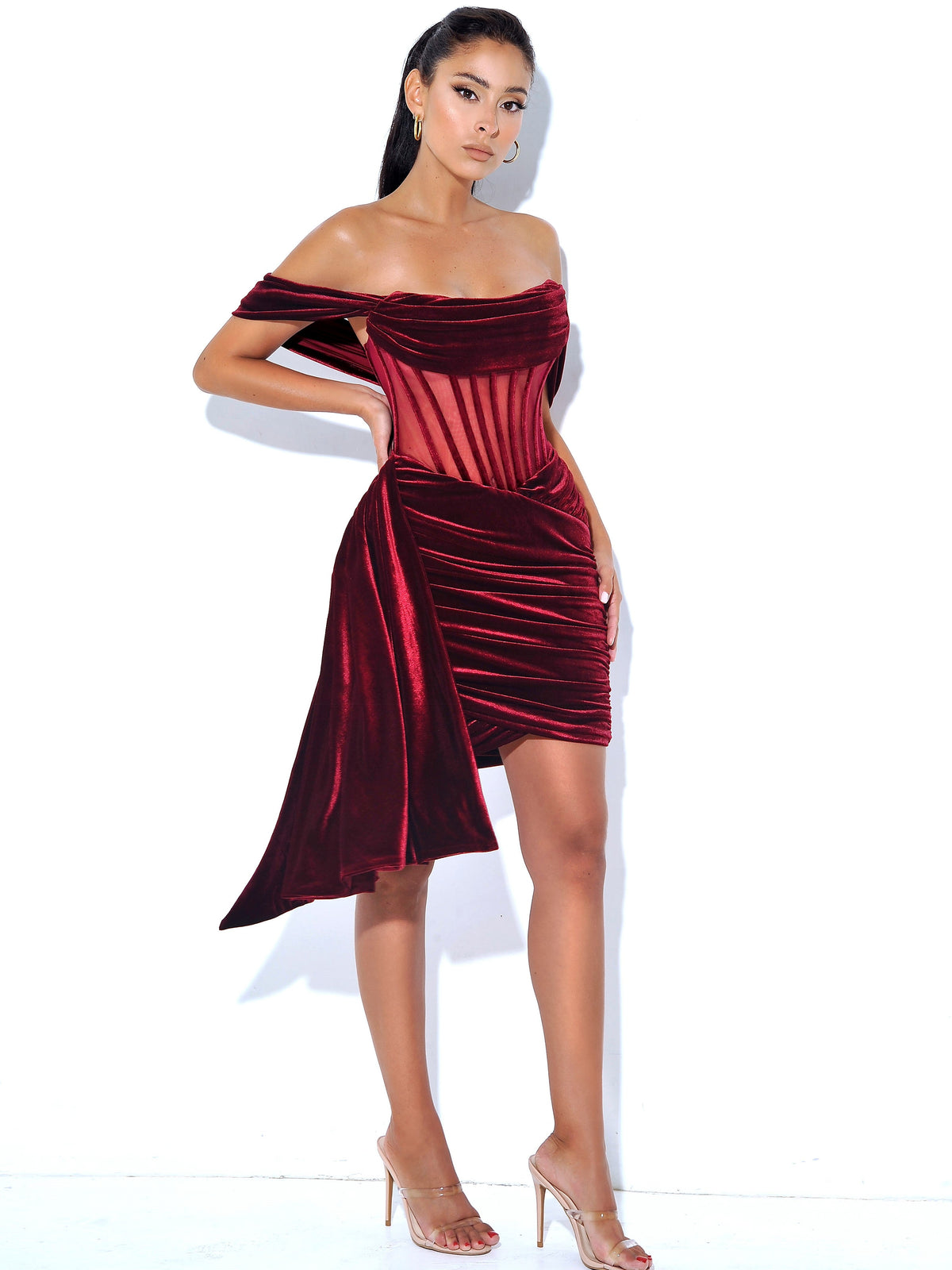 Irisa Burgundy Draping Charming Off Shoulder Corset Dress
