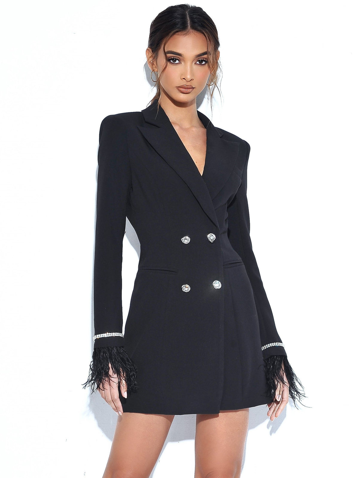 Quilla Black Feather Crystal Graceful Sleeve Backless Blazer Dress