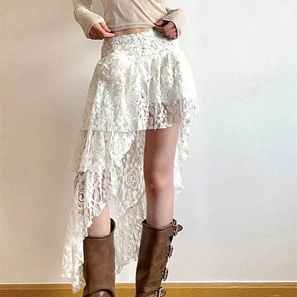 Floral Lace Tiered Asymmetric High Low Midi Skirt