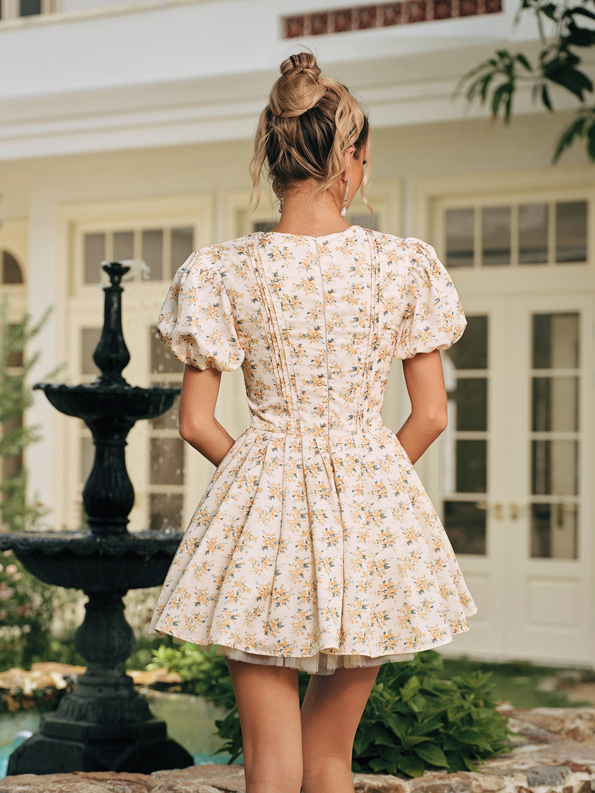 Floral Puff Sleeve Tie Front Corset Bodice Pleated Mini Dress