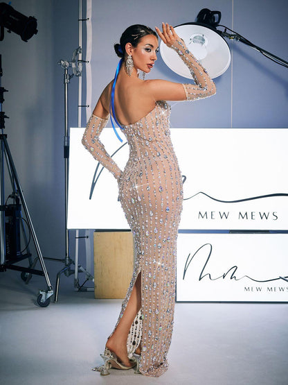 Strapless Rhinestone Column Maxi Dress With Embellished Gloves