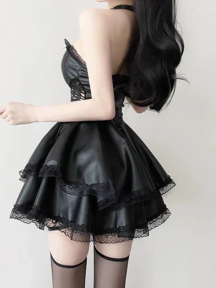 Faux Leather Corset Lace Up Side Lace Trim Flared Mini Dress