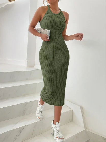 Rib Knit Halter Neck Bodycon Midi Dress