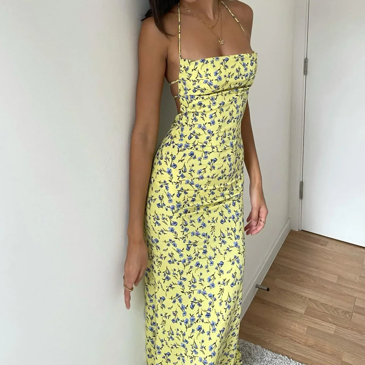 Halter Lace Up Floral Print High Slit Bodycon Midi Dress