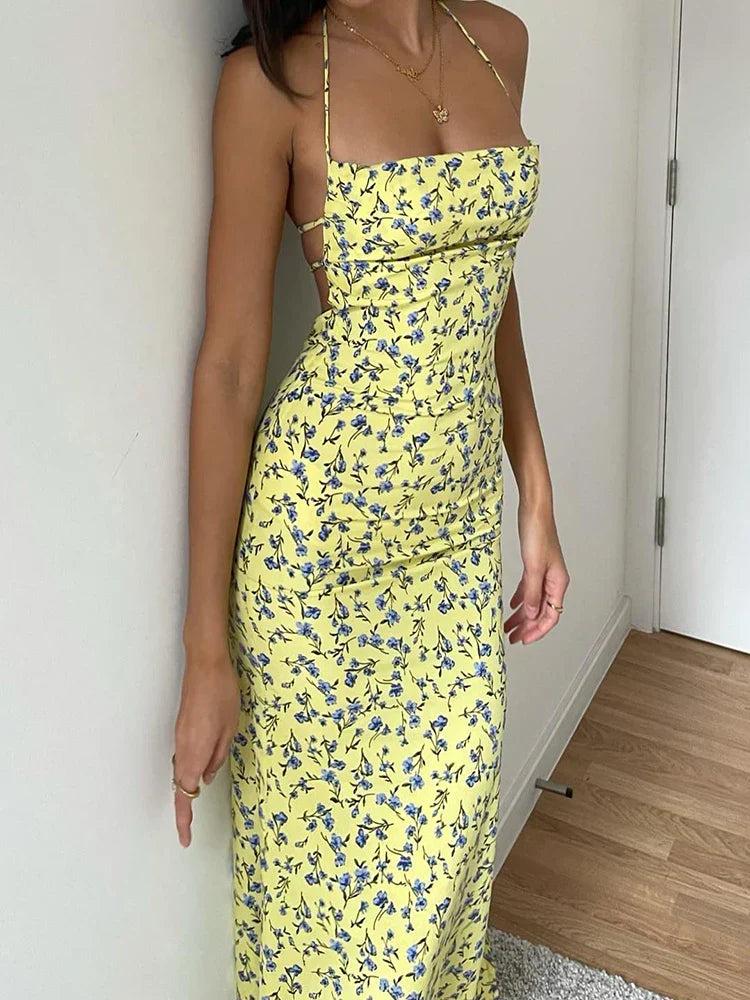 Halter Lace Up Floral Print High Slit Bodycon Midi Dress