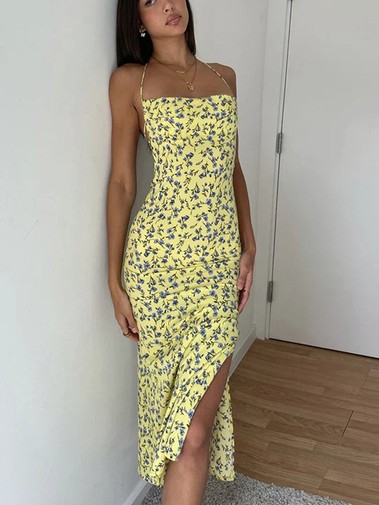 Halter Lace Up Floral Print High Slit Bodycon Midi Dress