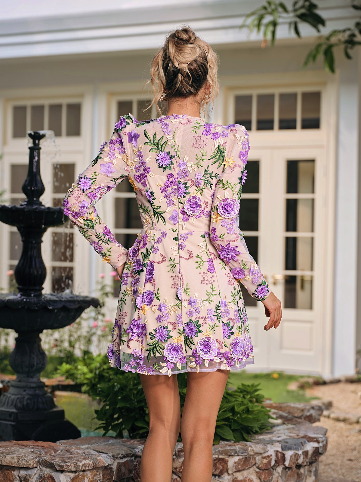 3D Floral Embroidered Mesh Long Sleeve Crew Neck Mini Dress