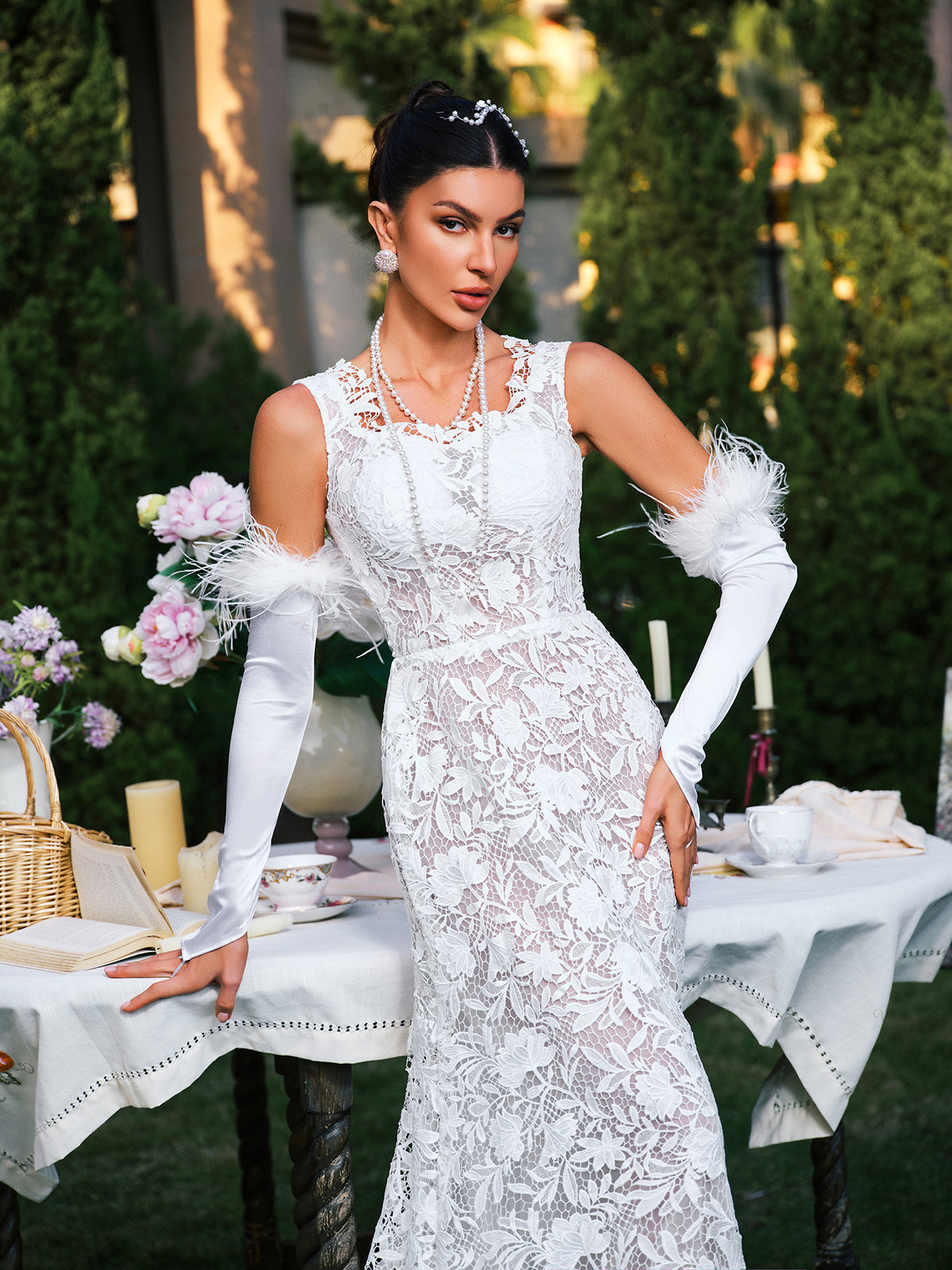 Floral Lace High Neck Keyhole Sleeveless Mermaid Train Maxi Gown