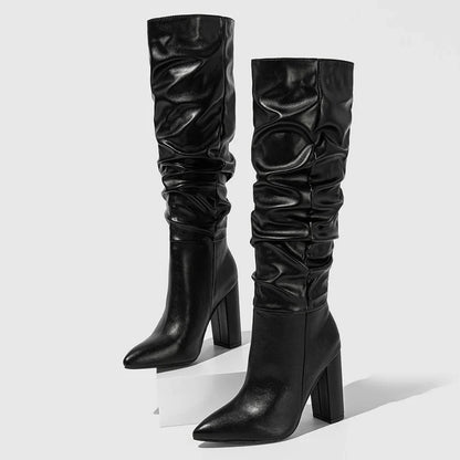 2024 Spring Fashion Pleated Chunky Heels Slip On Pointed Toe Knee High Boots