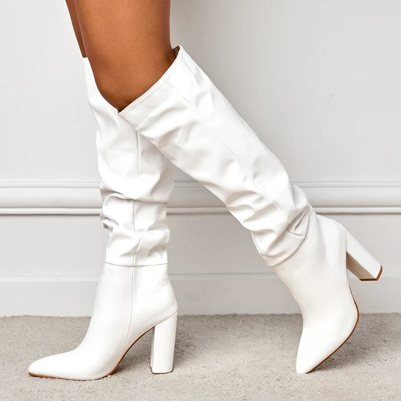 2024 Spring Fashion Pleated Chunky Heels Slip On Pointed Toe Knee High Boots
