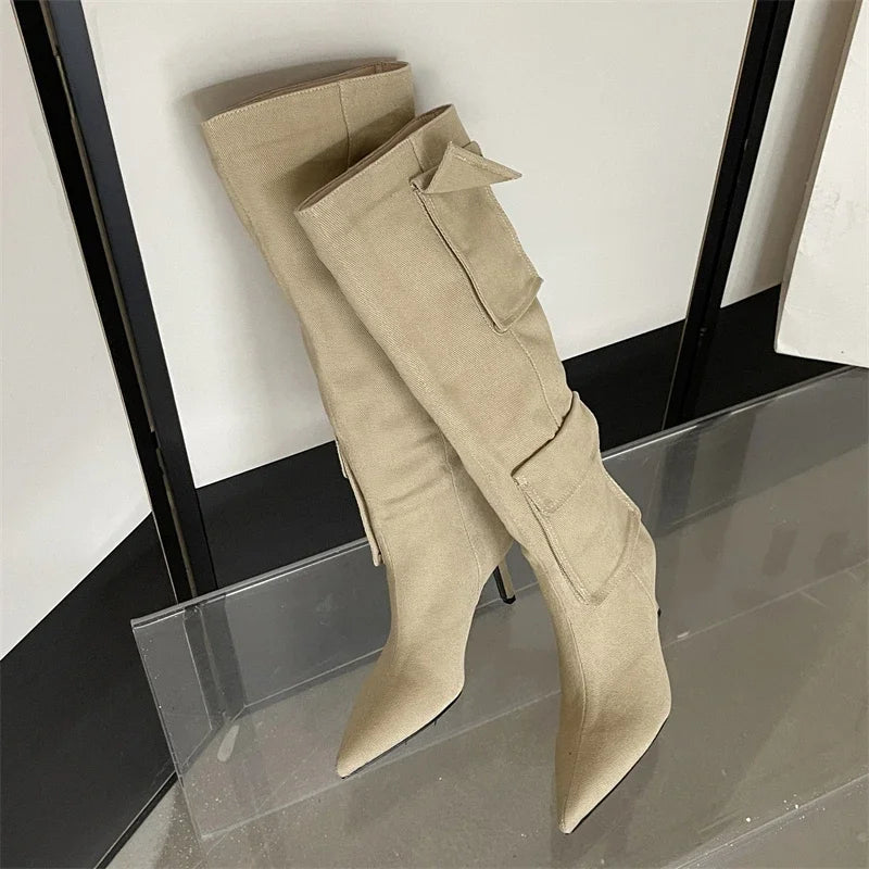 2024 New Winter Pointed Toe Thin Heels Stripper Largas De Mujer Knee High Boots