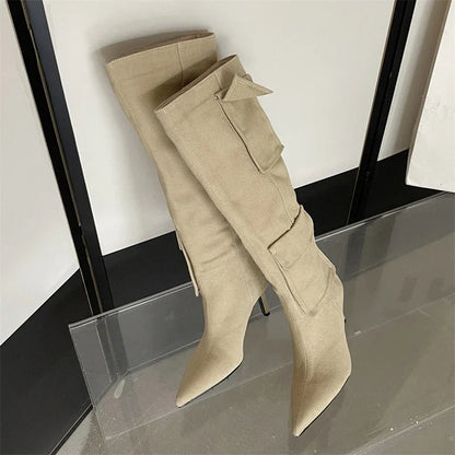 2024 New Winter Pointed Toe Thin Heels Stripper Largas De Mujer Knee High Boots
