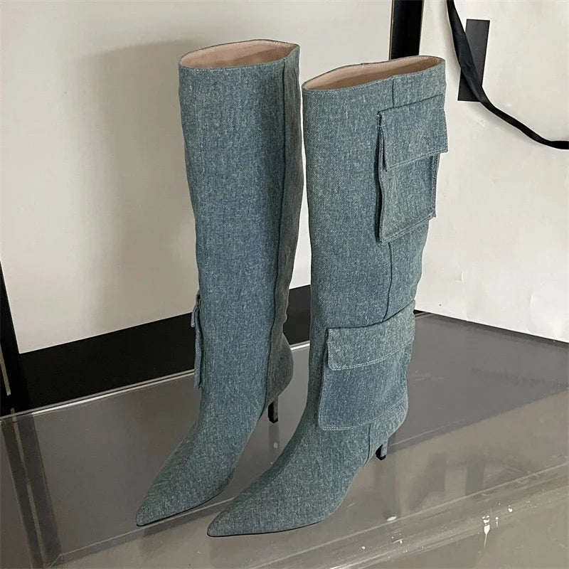 2024 New Winter Pointed Toe Thin Heels Stripper Largas De Mujer Knee High Boots