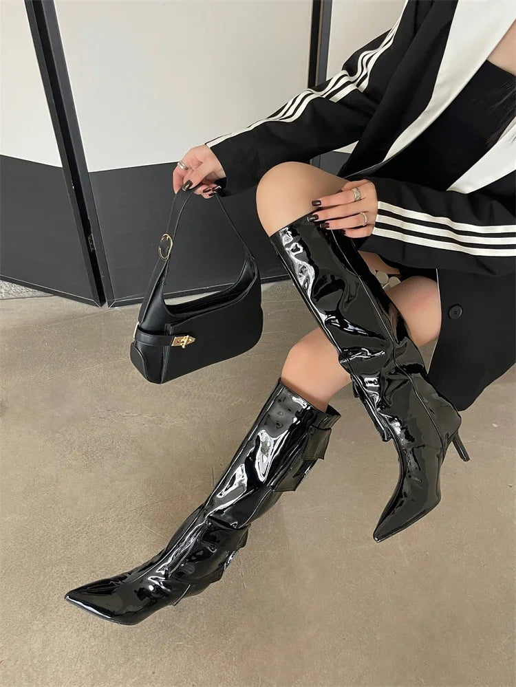 2024 New Winter Pointed Toe Thin Heels Stripper Largas De Mujer Knee High Boots
