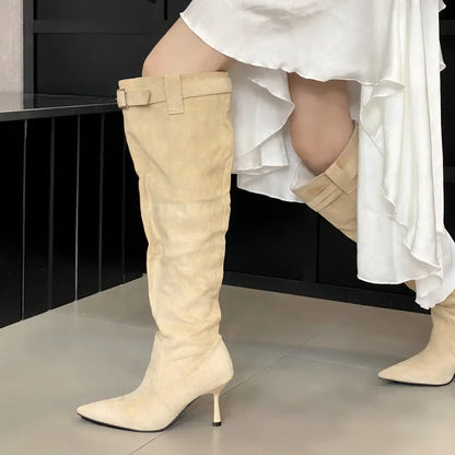 2024 Winter Buckle Strap Pointed Toe Thin Heels Thigh Long Knee High Boots