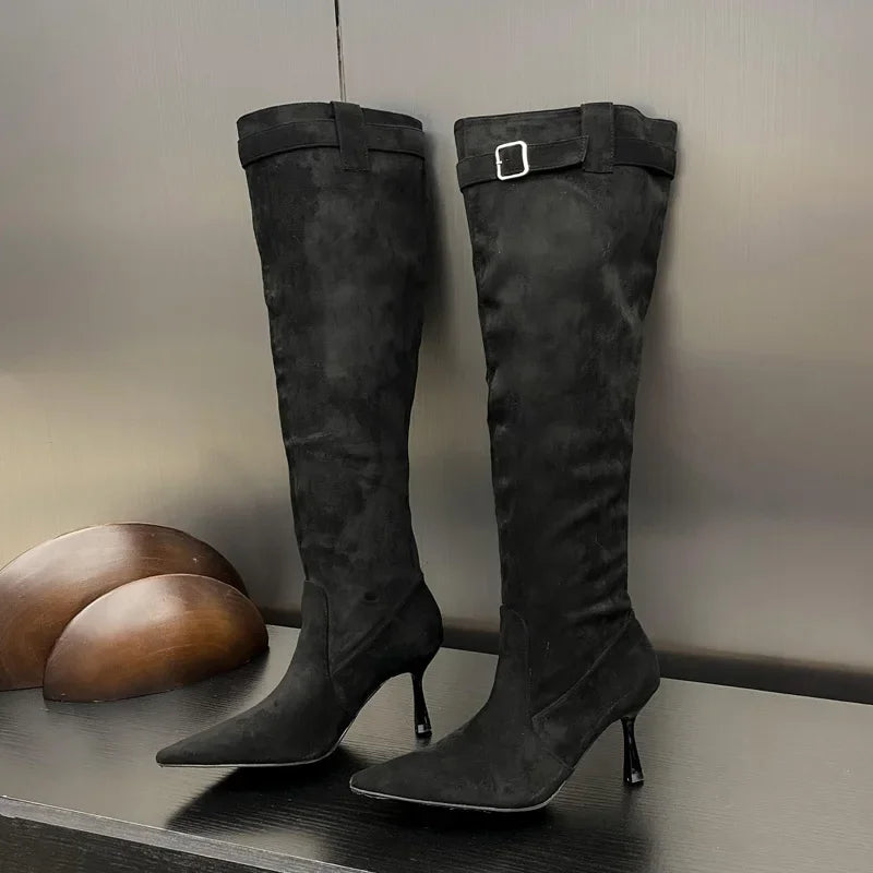 2024 Winter Buckle Strap Pointed Toe Thin Heels Thigh Long Knee High Boots