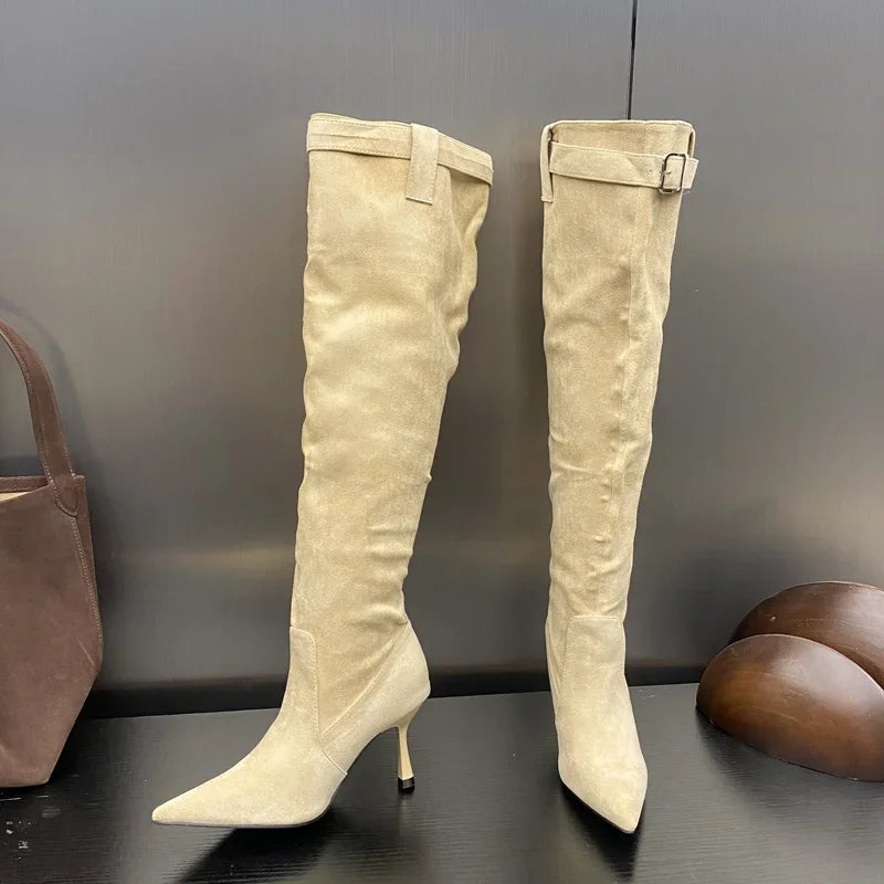 2024 Winter Buckle Strap Pointed Toe Thin Heels Thigh Long Knee High Boots