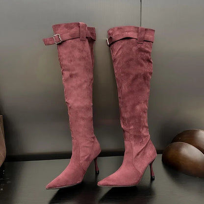 2024 Winter Buckle Strap Pointed Toe Thin Heels Thigh Long Knee High Boots