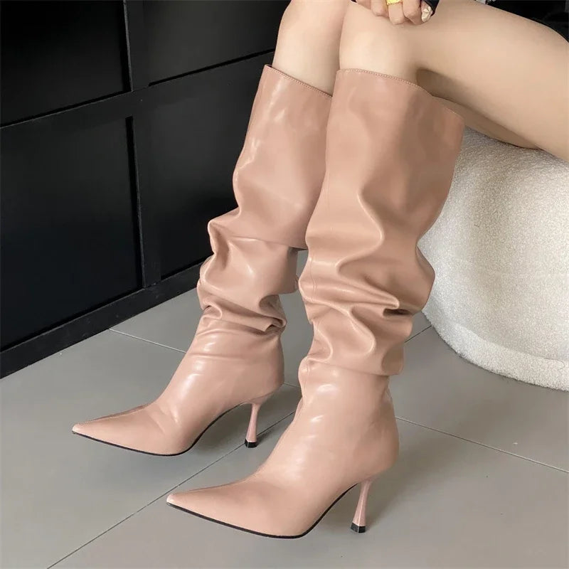 2024 Winter Pleated Designer Pointed Toe Long Thin Heels Knee High Boots