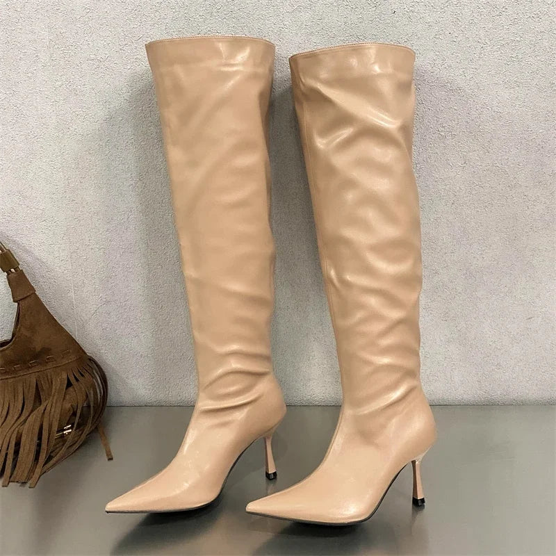 2024 Winter Pleated Designer Pointed Toe Long Thin Heels Knee High Boots
