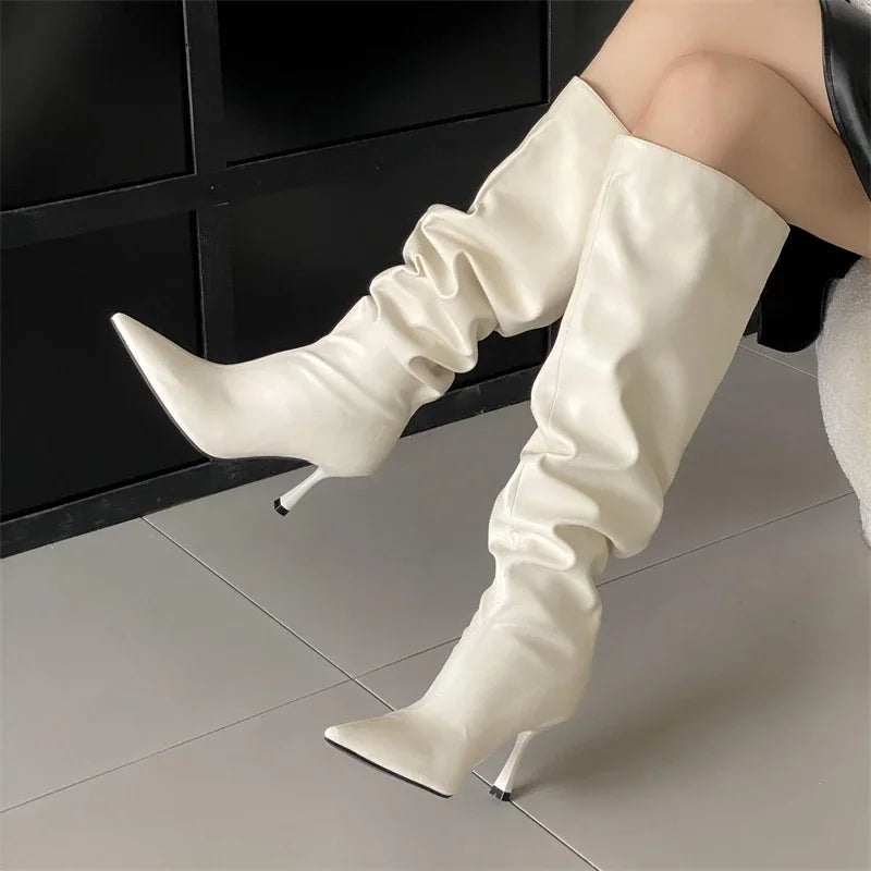2024 Winter Pleated Designer Pointed Toe Long Thin Heels Knee High Boots