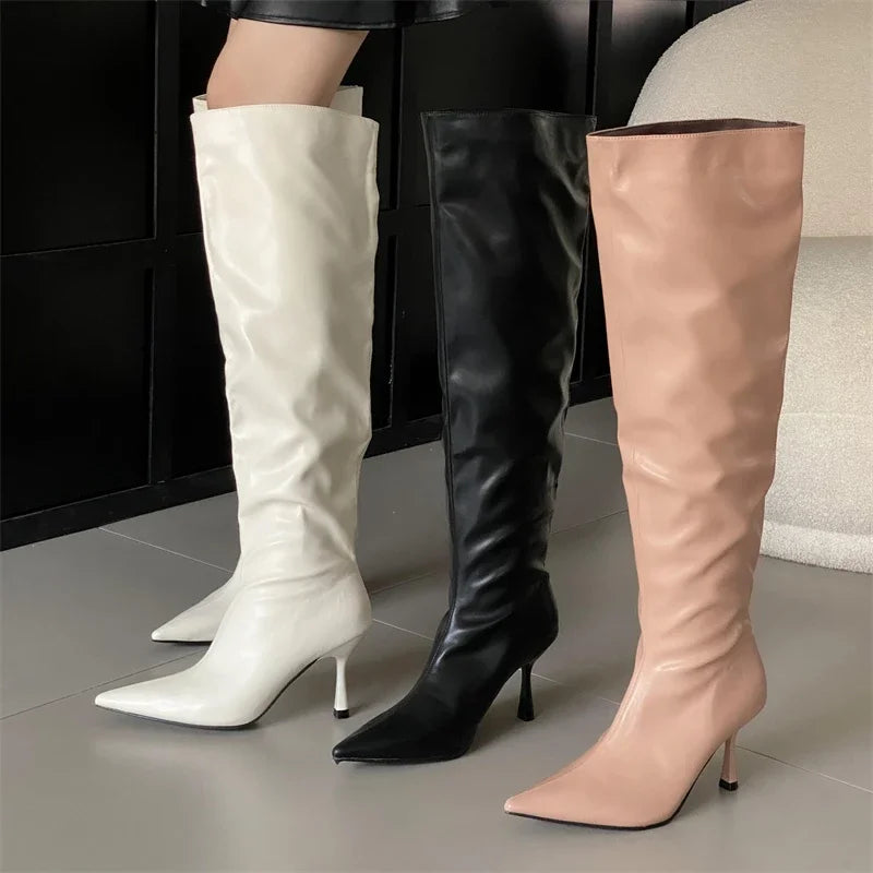 2024 Winter Pleated Designer Pointed Toe Long Thin Heels Knee High Boots