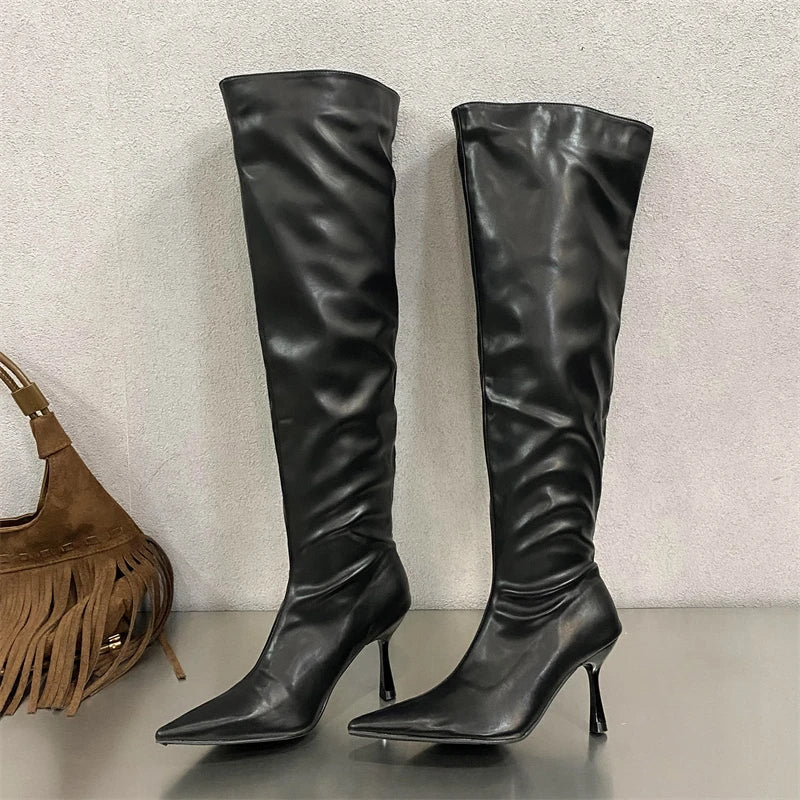 2024 Winter Pleated Designer Pointed Toe Long Thin Heels Knee High Boots