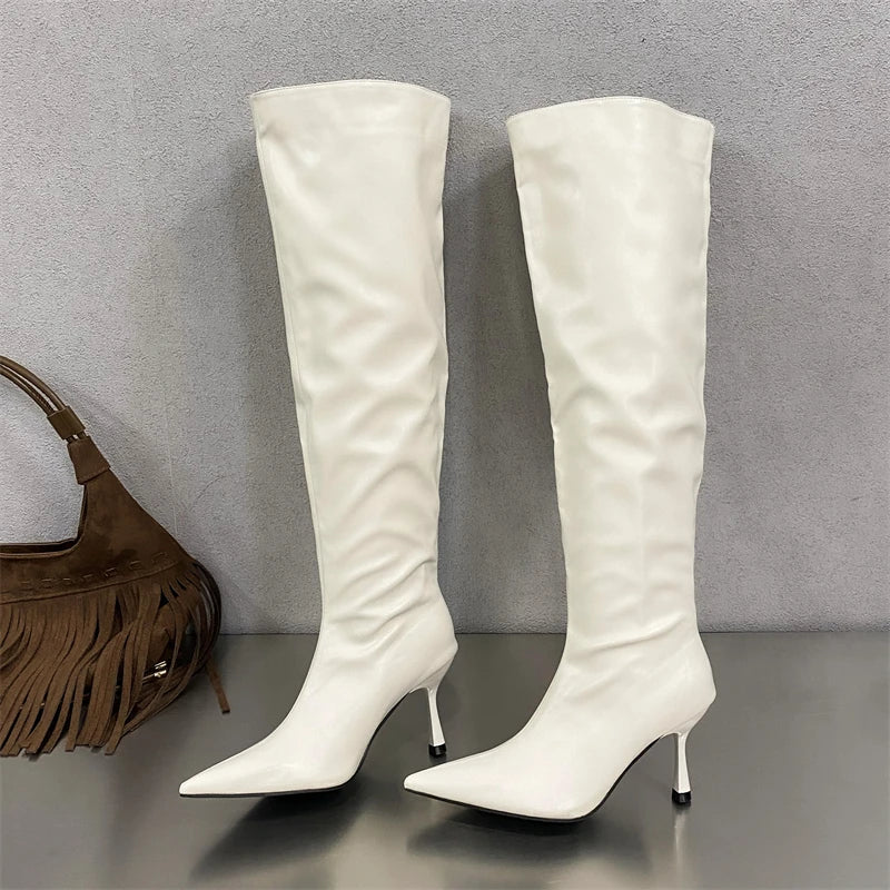 2024 Winter Pleated Designer Pointed Toe Long Thin Heels Knee High Boots