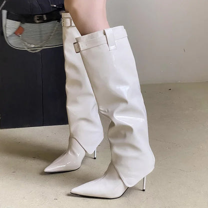 Designer Patent Leather Thin Heels Long Belt Buckle Stripper Knee High Boots