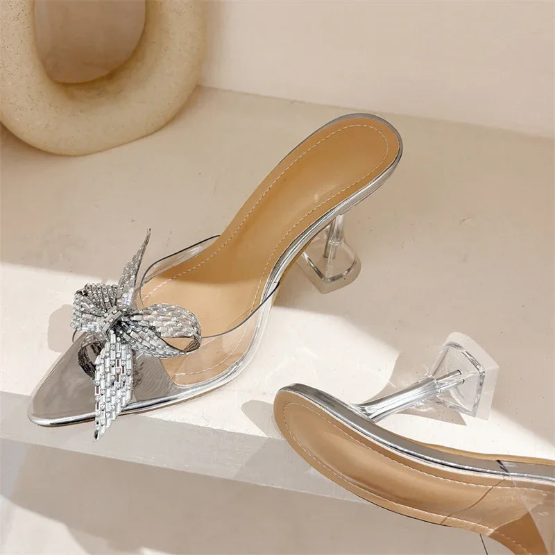 Elegant Glitter Peep Toe Women Slippers PVC Transparent High Banquet Party Mule Shoes Low Heel Pumps
