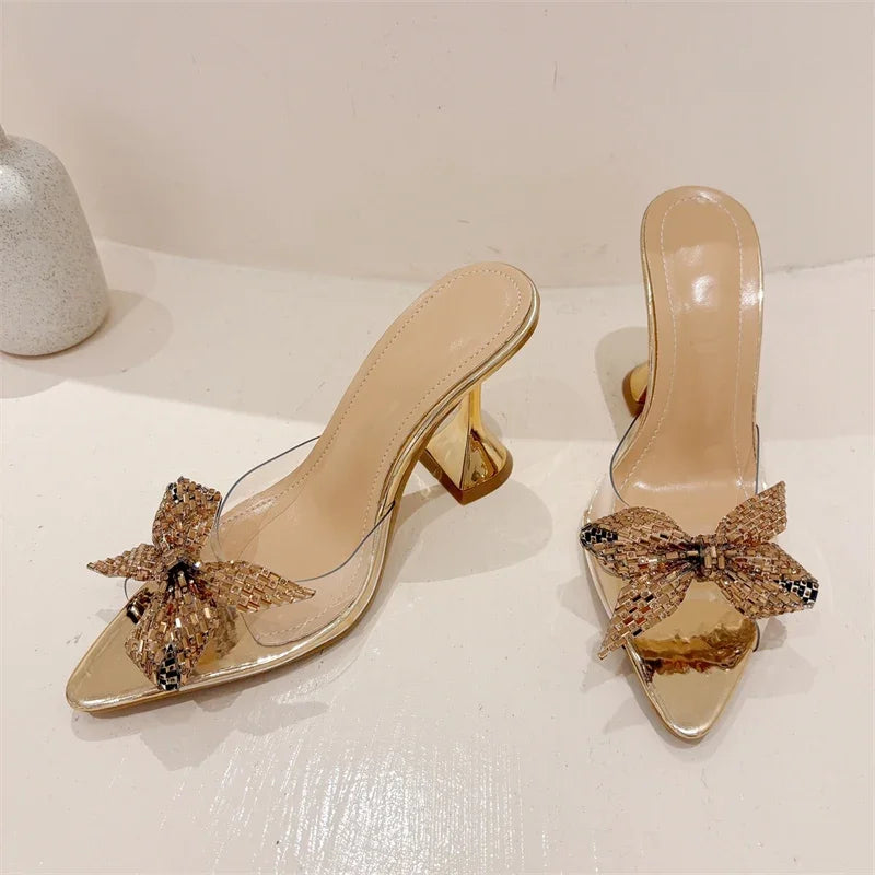 Elegant Glitter Peep Toe Women Slippers PVC Transparent High Banquet Party Mule Shoes Low Heel Pumps