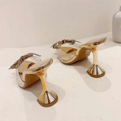 Elegant Glitter Peep Toe Women Slippers PVC Transparent High Banquet Party Mule Shoes Low Heel Pumps