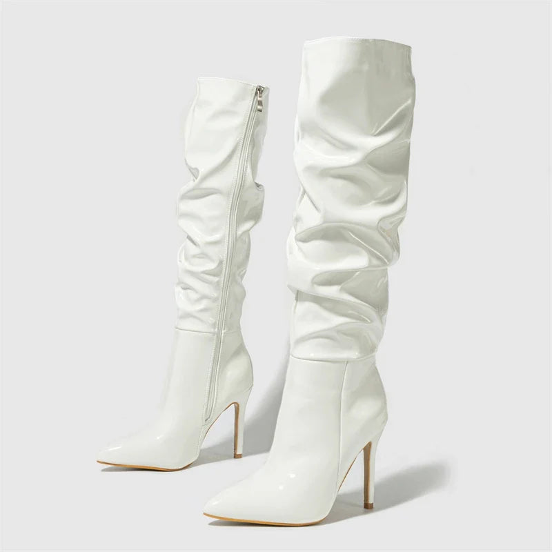Fashion Patent Leather Pointed Toe Thin Heels Zipper Long Knee High Boots