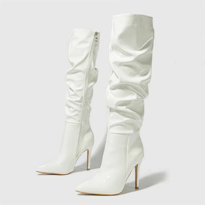 Fashion Patent Leather Pointed Toe Thin Heels Zipper Long Knee High Boots