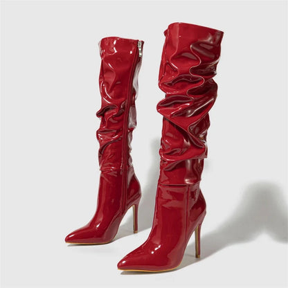 Fashion Patent Leather Pointed Toe Thin Heels Zipper Long Knee High Boots