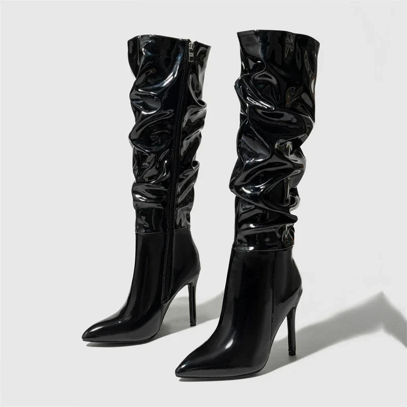 Fashion Patent Leather Pointed Toe Thin Heels Zipper Long Knee High Boots
