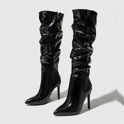 Fashion Patent Leather Pointed Toe Thin Heels Zipper Long Knee High Boots