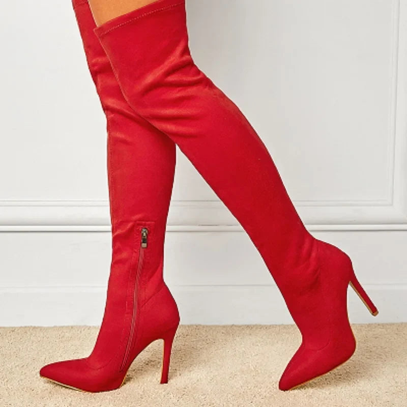 Fashion Pointed Toe Thin Heels Flock Thigh Long Autumn Winter Knee High Boots