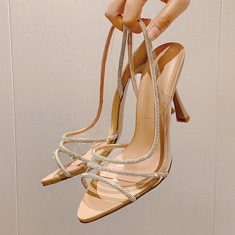 Summer Slingback Highs Rhinestones Elegant Pointed Toe Transparent PVC Party Shoes Low Heel Pumps